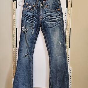 True Religion Blue Flare Jeans with Distressed Details